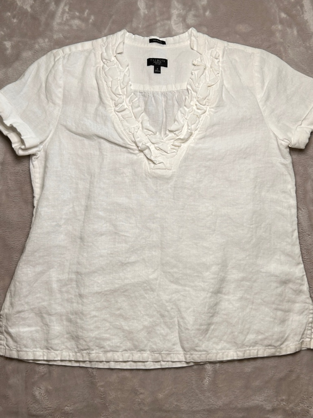 Talbots Petites Top Pure Irish Linen Womens S White Ruffle V-Neck Short Sleeve